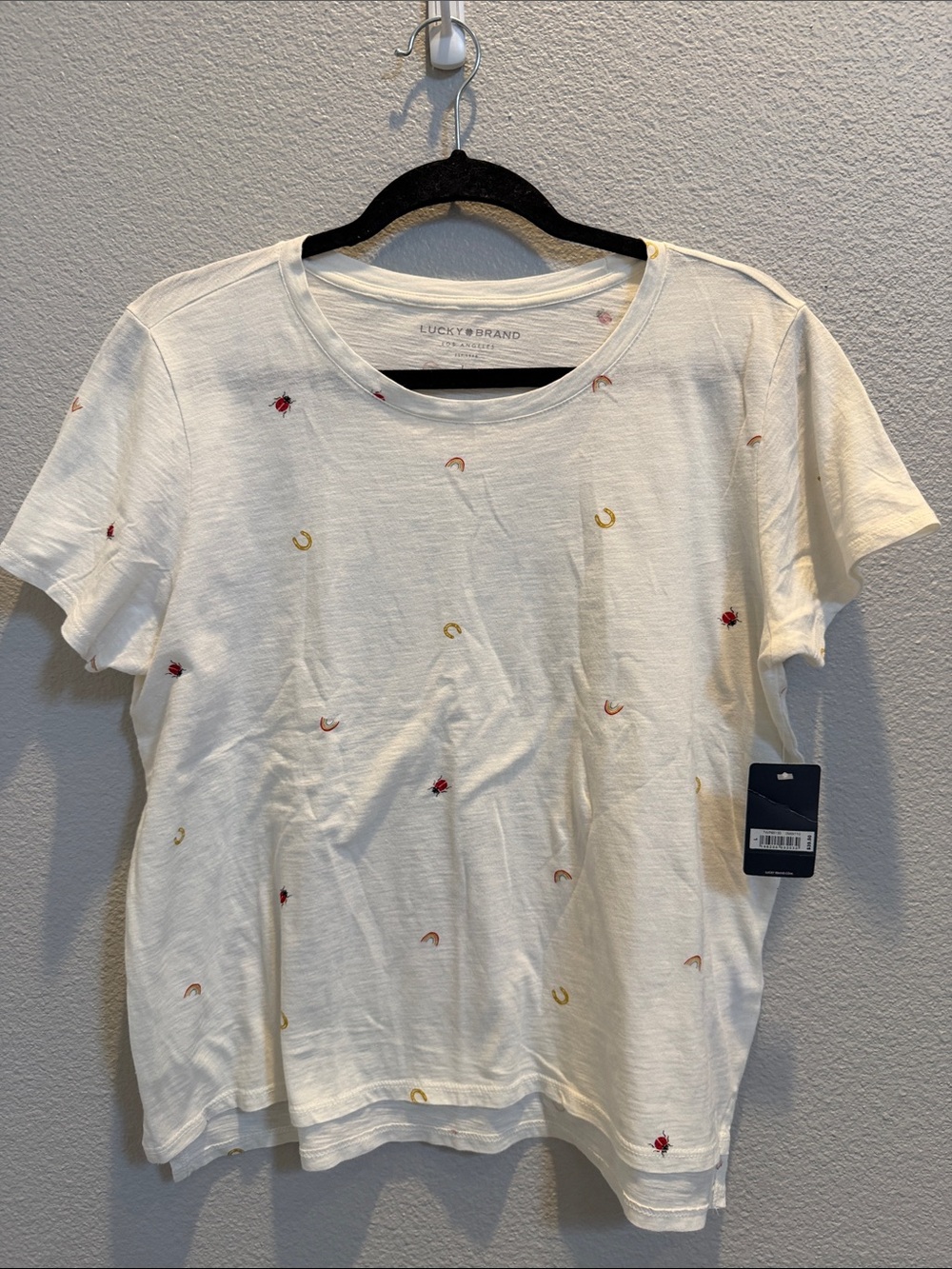 Lucky Brand Women’s T-Shirt With Horseshoe Ladybug & Rainbow